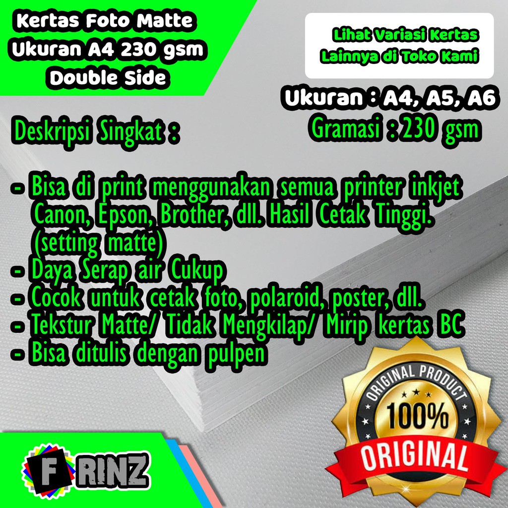 

Kertas Foto Inkjet 230 Gram Matte Double Side Ukuran A4 A5 / Photo Paper Tidak Kilap 230 Gsm
