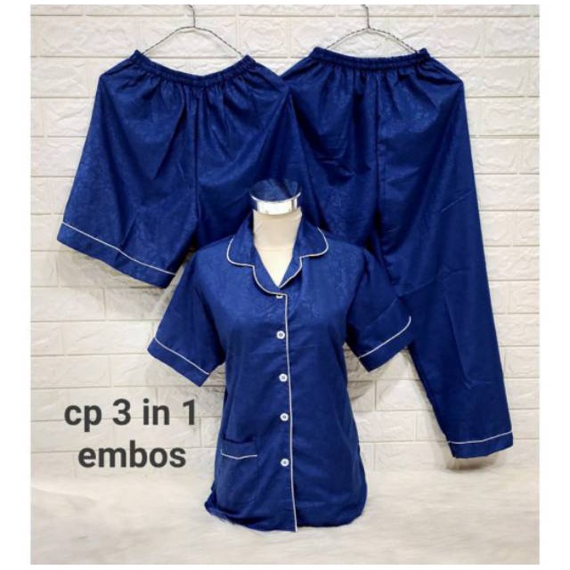 SEASOND IND Piyama/Baju Tidur 3in1 Wanita Dewasa Embos Warna/L Fit to XL ko-Embos Navy
