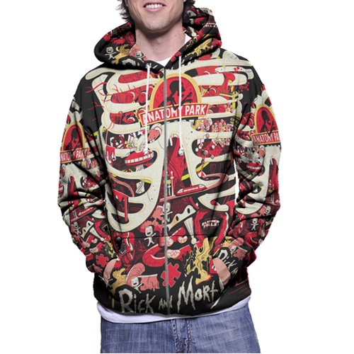 Jaket Hoodie Zipper Fullprint Anatomy Park RickMorty Bahan Polyester Jersey [Hoodie Dengan Ritsletin