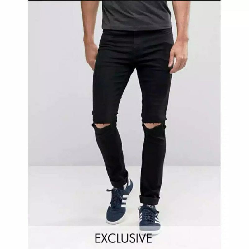 CELANA PANJANG SEMI SOFTJEANS PRIA SKINNY HITAM SOBEK LUTUT RIPPED JEANS STREET MELAR MURAH FASHION PRIA CELANA PRIA STRET CELANA PANJANG PRIA