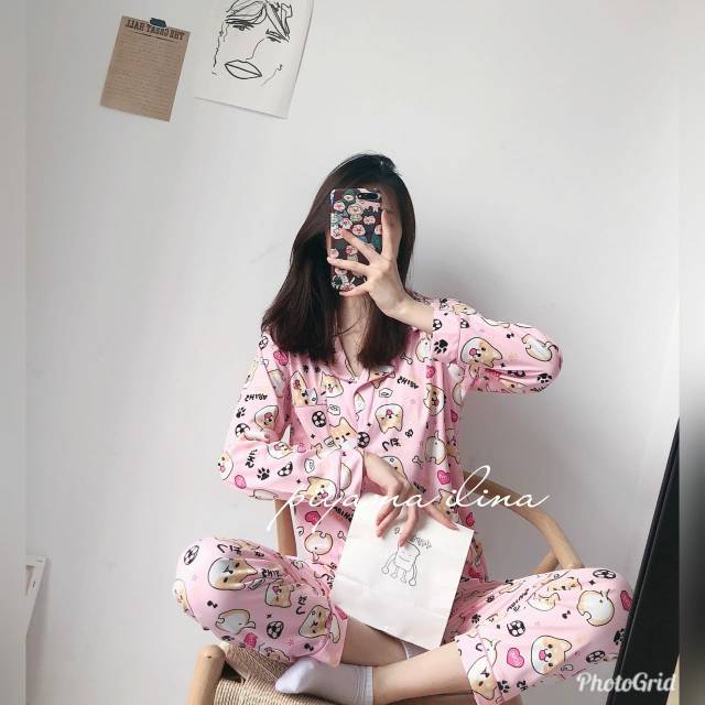 DW-39PP PiyamaWanita Dewasa / Baju Tidur Wanita Bahan Kaos Import Motip doggy