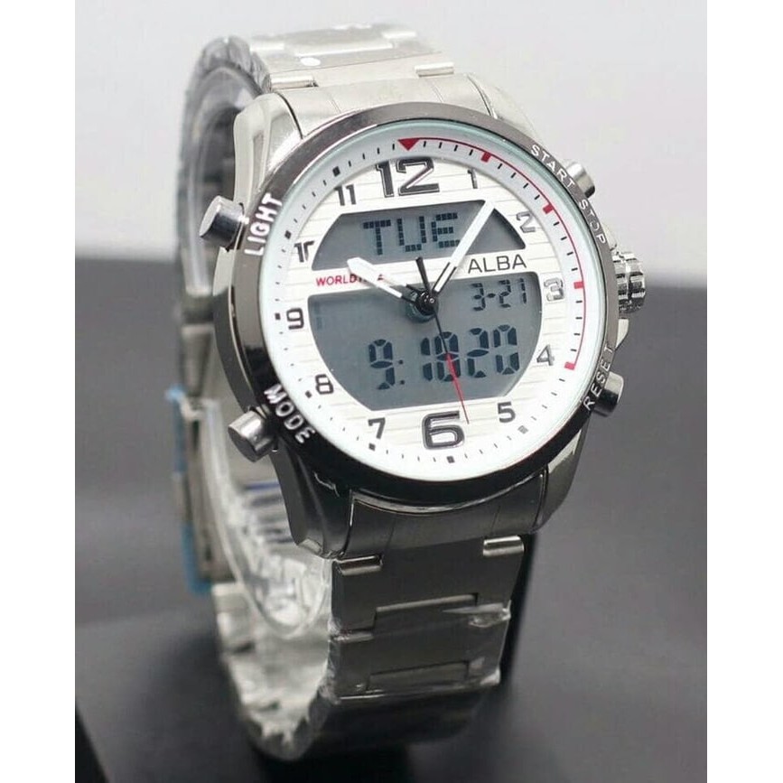 Jam Tangan Pria / Cowok Alba Dual Time SK801 Rantai Silver White