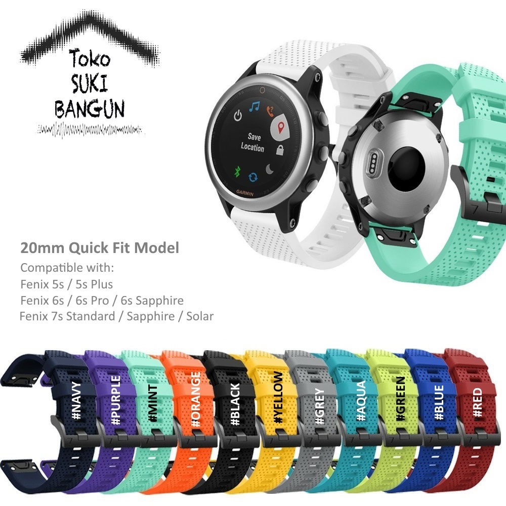 TALI JAM Garmin Fenix 7s 6s 5s Plus Pro Sapphire 20mm QUICK FIT Rubber BLACK Buckle Watch Strap