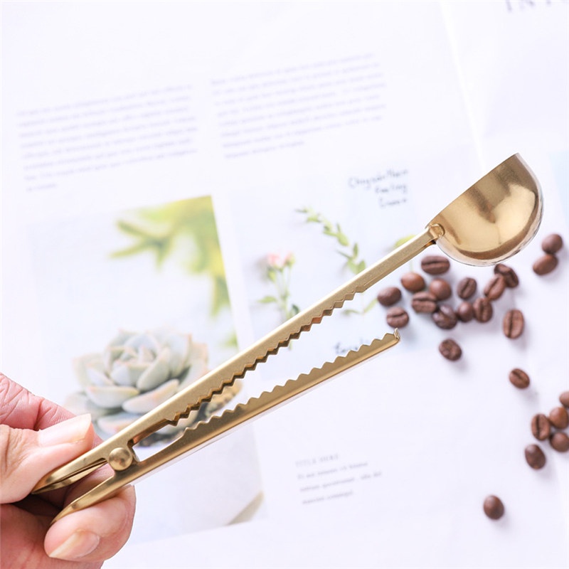 TK 2 in 1 Stainless Steel Coffee Scoop Sealing Clip Gold Silver Spoons Powder Measuring Spoon Accessories