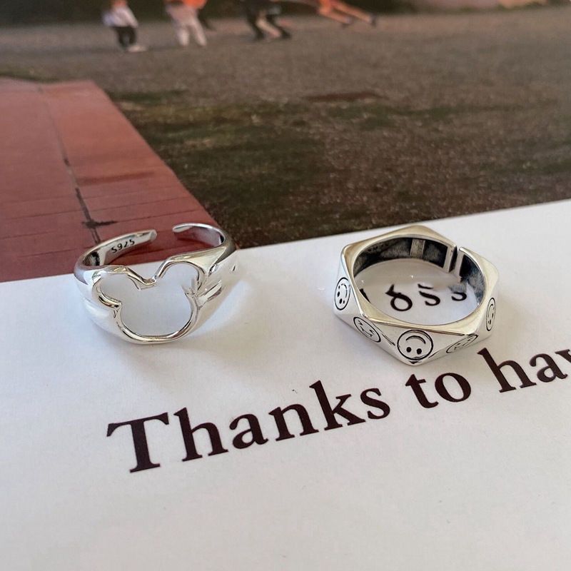 Cincin Model Terbuka Desain Wajah Mickey Mouse Tersenyum Gaya Korea Jepang