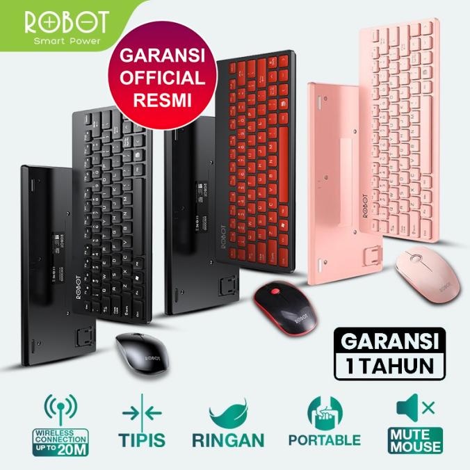 ROBOT Portable Mini Wireless Keyboard Mouse Paket KM3000 Pink Hitam