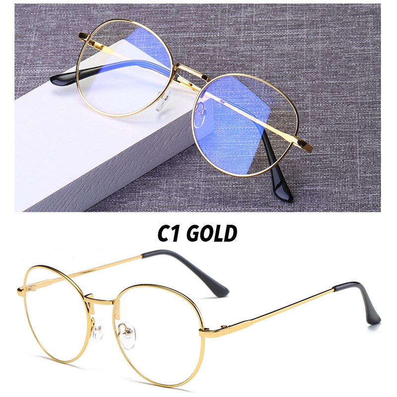 （YUZHU）Bayar di Tempat Minus 0°~-400° Myopia Kacamata Korean Retro Round Anti Blue Eyeglasses Wanita/Pria