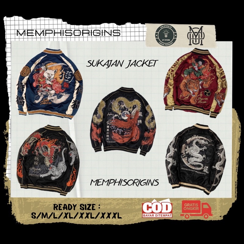 Memphisorigins Sukajan Jacket Kiyomizu, Shinjuku, Miyamoto, Nekosamurai, Mikaduki Ryu, Original 100%