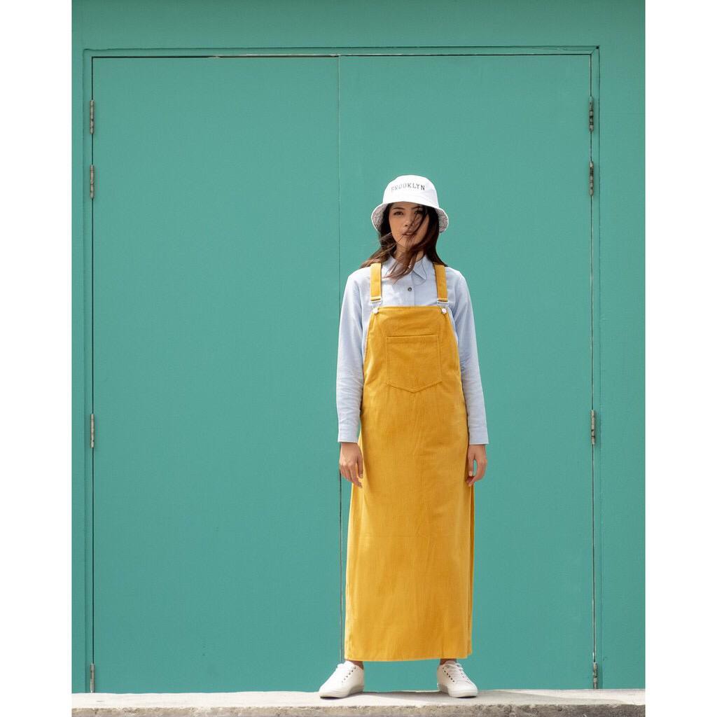 GANGNAM OVERA YELLOW/ SUEDE OVERALL DRESS / DRESS HIJAB / DRESS COURDUROY /DRESS HIJAB CASUAL DRESS.