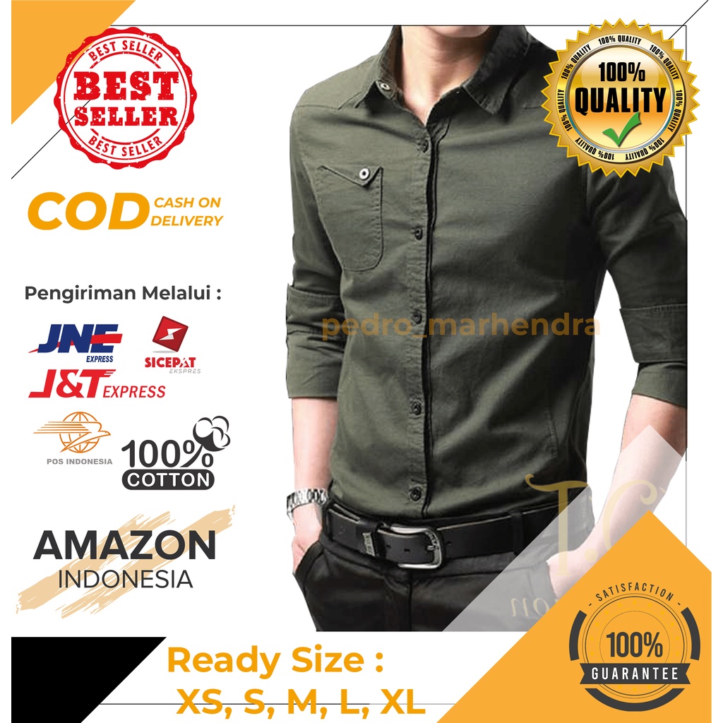 KEMEJA PRIA HEM COWOK DEWASA LENGAN PANJANG SLIM FIT ARMY POLOS KAIN KATUN STRETCH MELAR BEST QUALITY