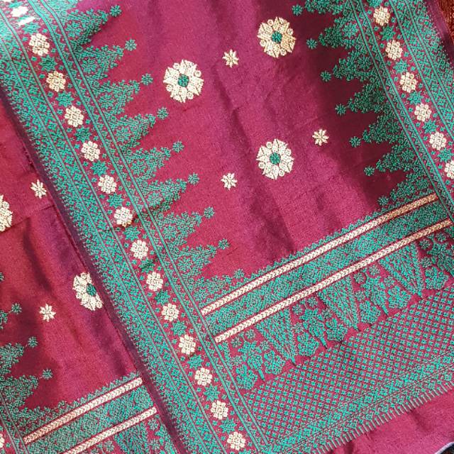 Songket Palembang asli cantik manis maroon mawar pucuk rebung hijau