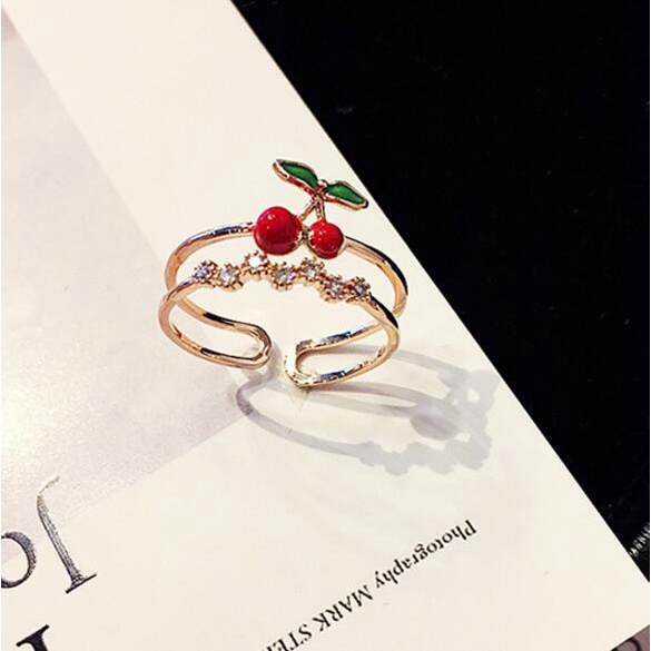 Cincin Model Terbuka Desain Strawberry Cherry Gaya Jepang Dan Korea Untuk Wanita