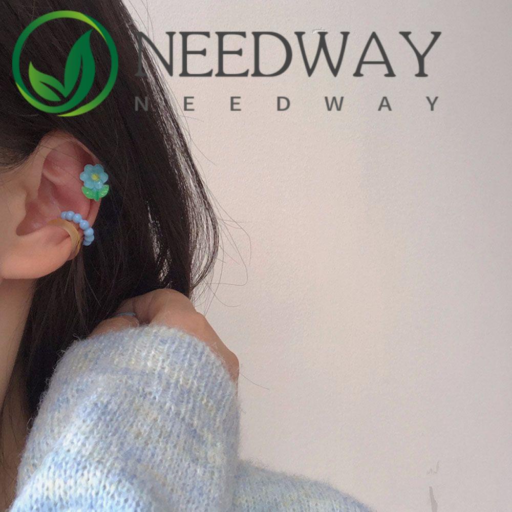 Needway  3Pcs/Set Flower Ear Clip Korean Clip Earrings Ear Bone Clip Candy Color Without Ear Hole Fashion Jewelry Beaded Sweet Cute Lovely Resin Acrylic Cartilage Clip/Multicolor