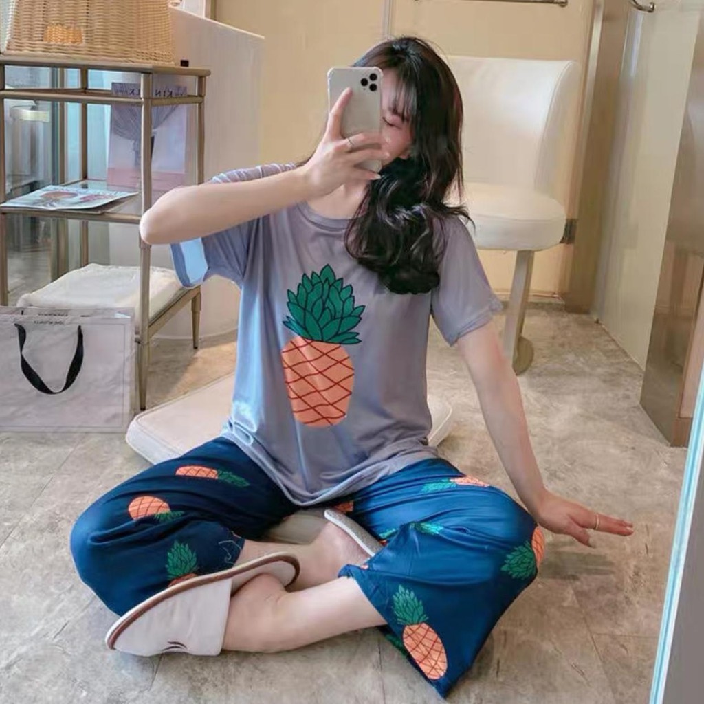 Baju Tidur Piyama Set/Piyama Wanita Import/Baju Piyama Motif Kartun/Woman Sleep Wear-P17-Abu Nenas