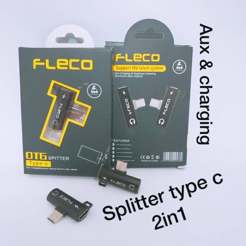 (FLECO) splitter type C Converter 2in1 Jack Audio + Charger original otg spliter speed 5.0