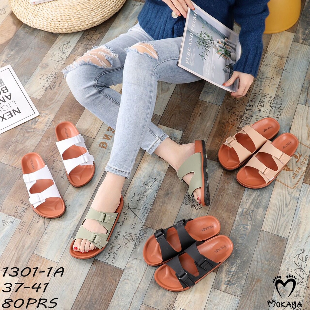 Sandal Slop Jelly Wanita Ban 2 Gesper Kretek Warna Polos Cantik Keren Elegant Import Mokaya / Size 37-41 (1301-1A/B08-G/B08-973)