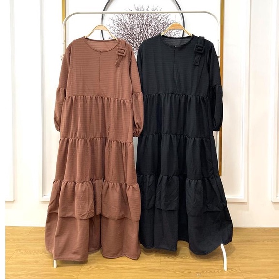 Gamis busui rempel tumpuk 3 susun lengan balon + sabuk bahan waffle merk cocobee (807)