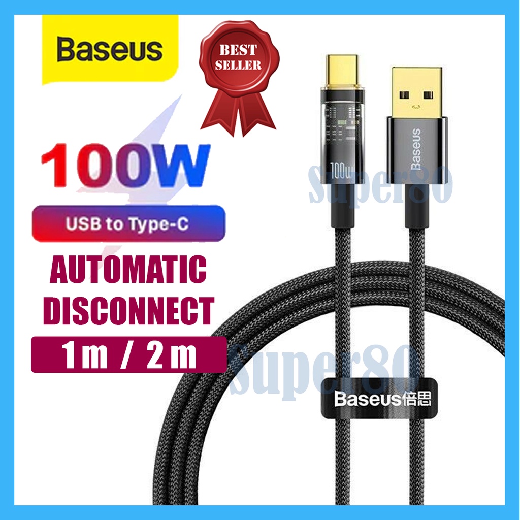 Baseus Explorer Auto Power Off USB to Type C Cable 100W Kabel Data Charger Fast Charging Automatic Disconnect Cable 1m 2m