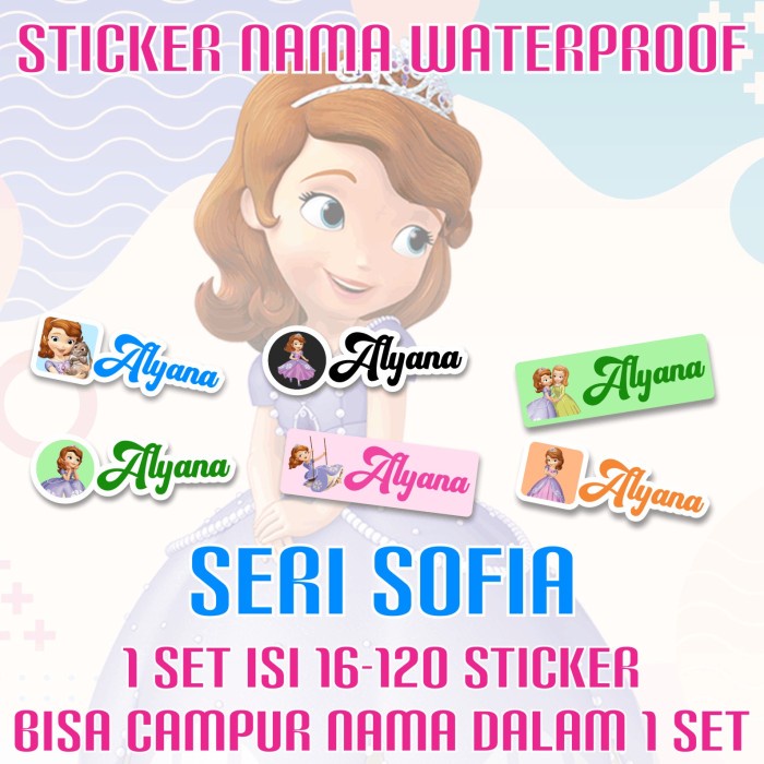 

[14-120 pcs] Sticker Nama Custom Waterproof Princess Sofia
