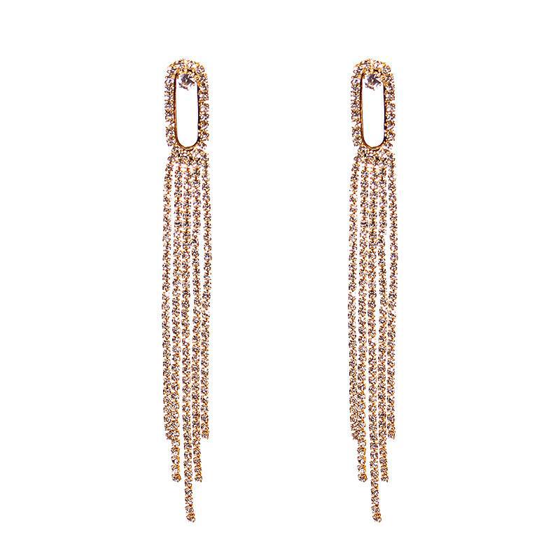 Gold and Silver Rectangle Hollow Geometric Long Tassel Rhinestone Stud Earrings