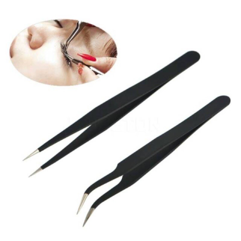 2pcs Pinset bengkok + lurus acc picker nail art tweezer nailart eyelash extension nailart tweezer