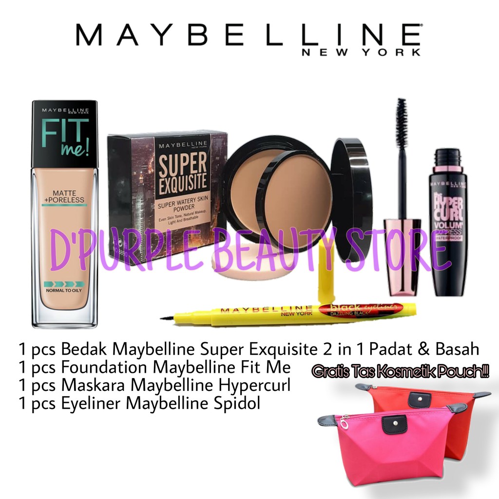 Paket Kosmetik Maybelline Lengkap Murah 4 In 1 -Foundation -Bedak -Maskara -Eyeliner -Gratis Tas Kos