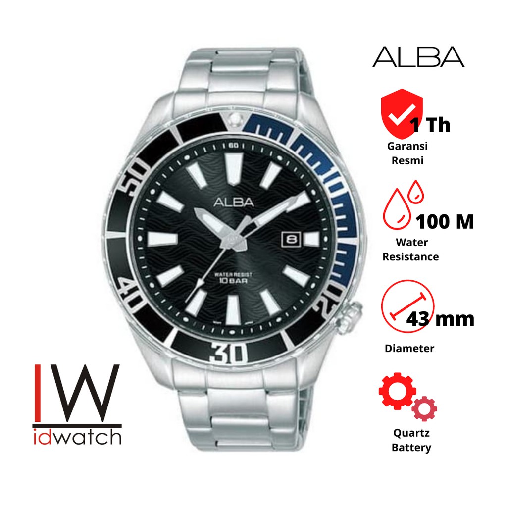 Alba AG8K33X1 Jam Tangan Pria Original AG8K33 Cowok Strap Rantai Stainless Steel Black Dial Hitam
