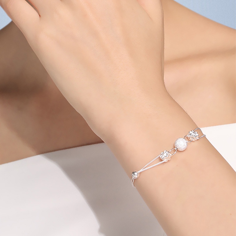 Gelang asli perak 925 untuk wanita Desain bunga, manik-manik bulat kecil buram Perhiasan fashion