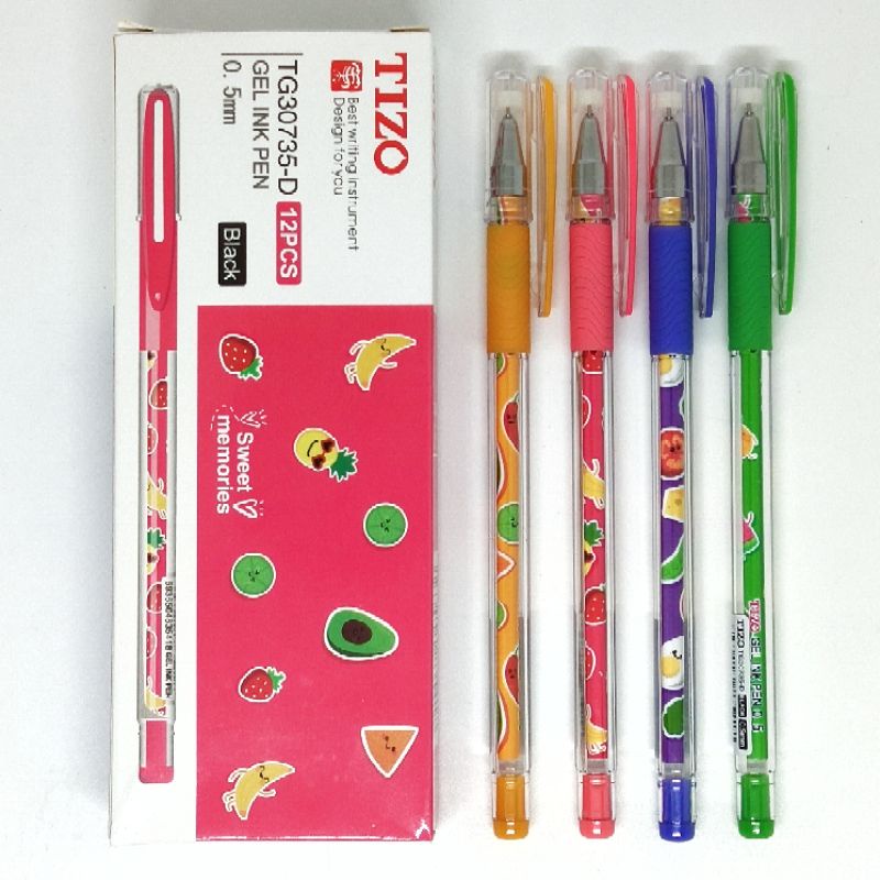 Bolpoin Gel TIZO 0.5 mm Hitam MOTIF BUAH BUAHAN Pulpen Ballpoint Bolpen