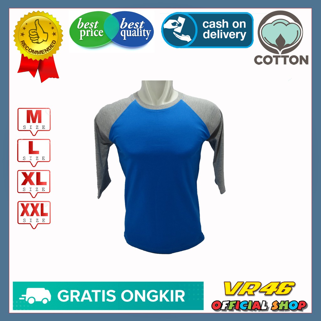 Kaos Reglan Polos Lengan 3/4 Warna Biru Benhur Lengan Abu Misty Size M L XL XXL Bahan Katun 24S 80