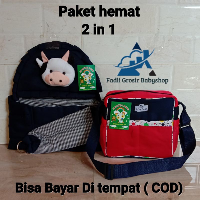 Paket Hemat ( 2 in 1 ) Tas Bayi Strip Dan Gendongan Bayi Samping Topi Boneka Sapi