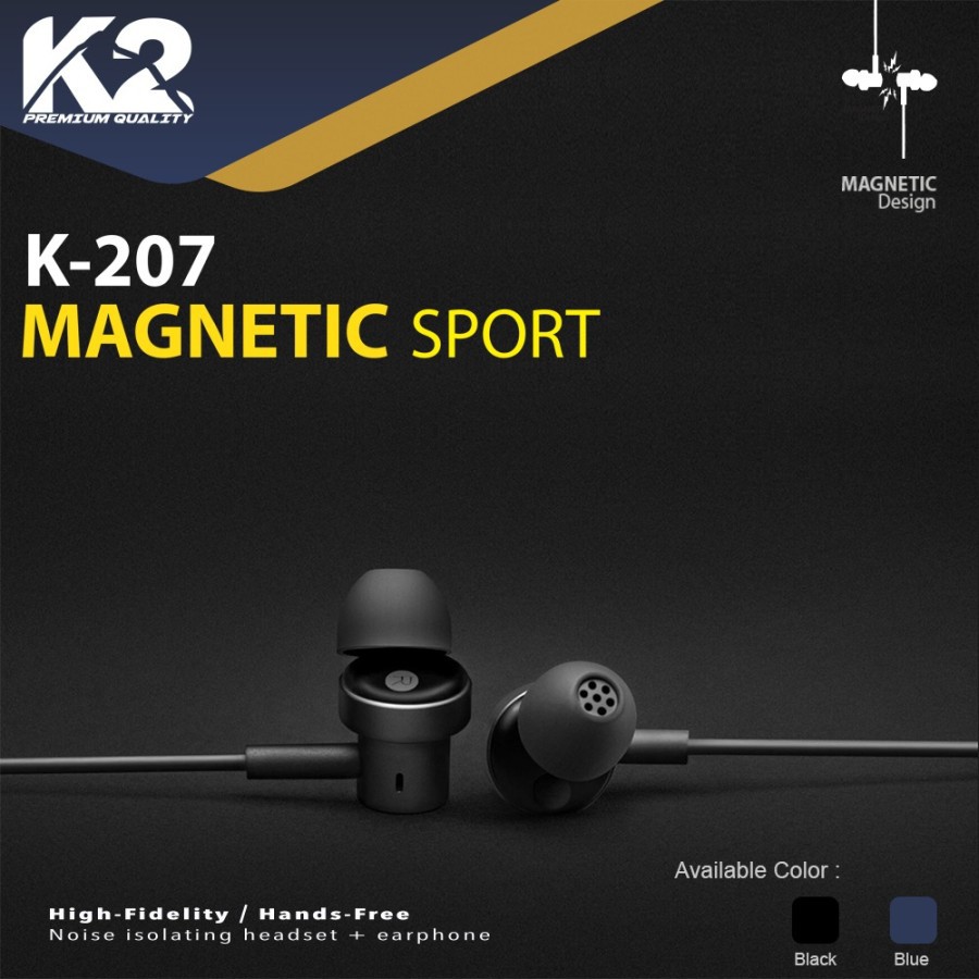 Handsfree / Headset K2 PREMIUM QUALITY K-207 MAGNETIC SPORT Super Bass garansi 18 bln