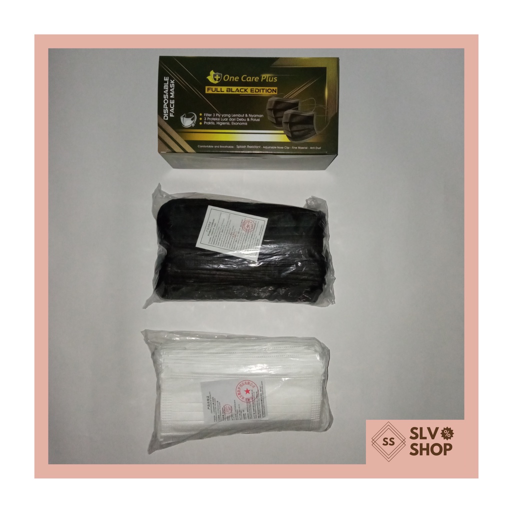 Masker One Care Plus Disposable Face Mask Hitam Putih 50pcs/box Murah