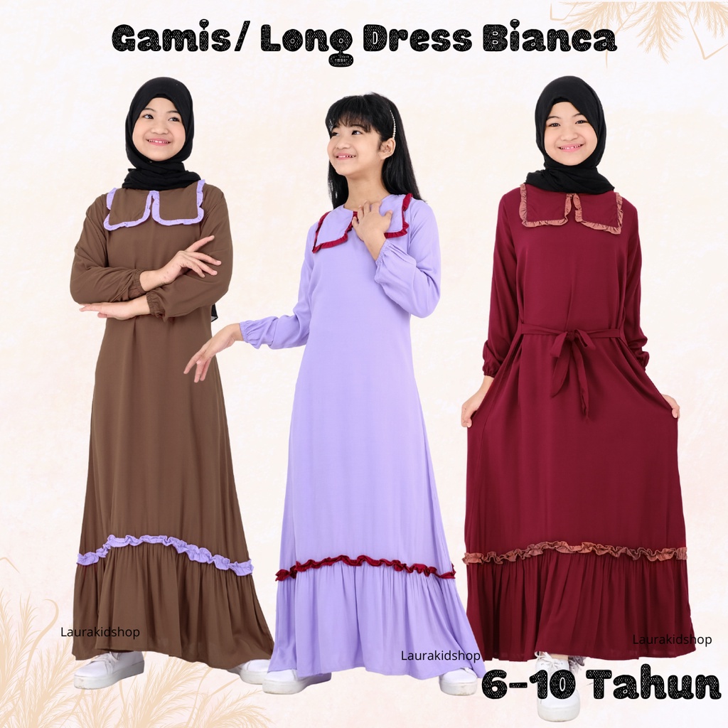 Gamis Anak / Gamis Anak Perempuan / Baju Muslim Anak Perempuan Bianca By Laurakids 5-10 Tahun