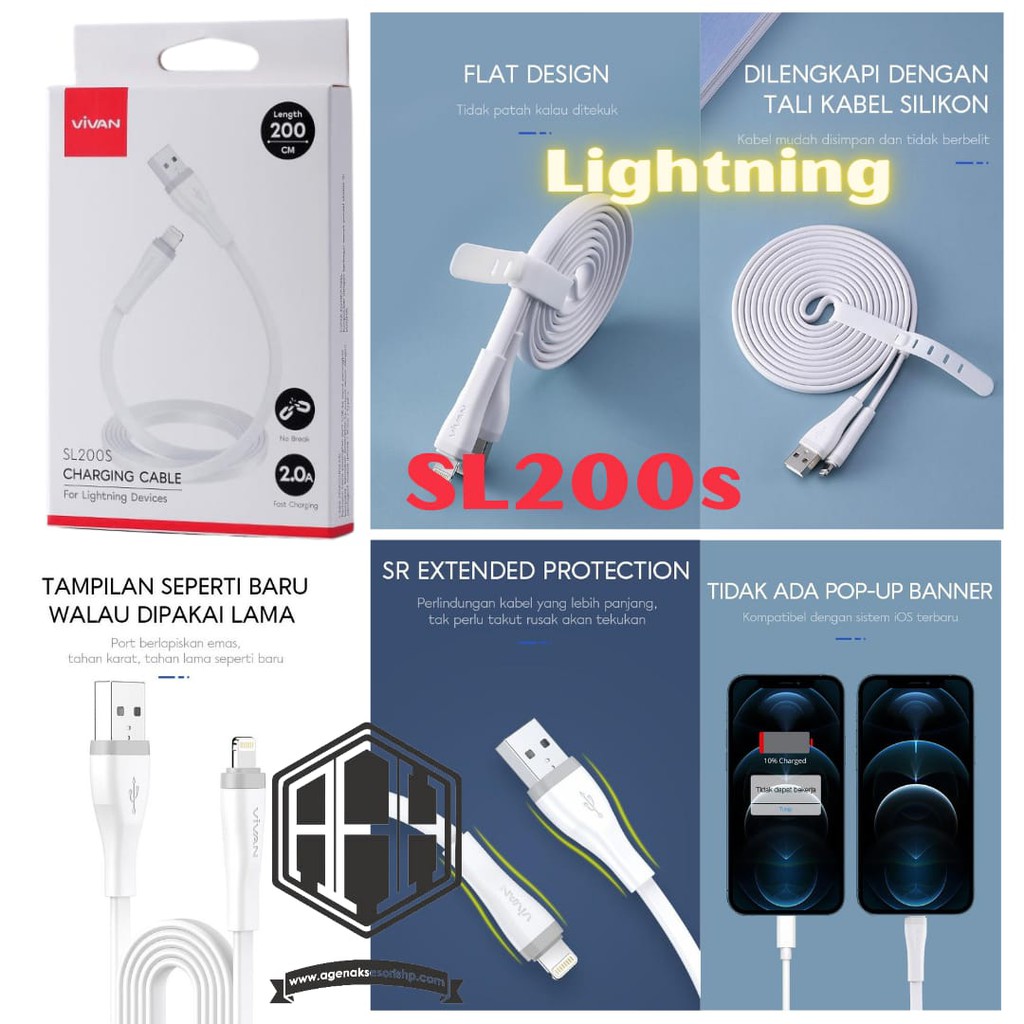 VIVAN SL30S SL100S SL200S 2A 200cm Lightning Quick Charge Data Cable Flat Design