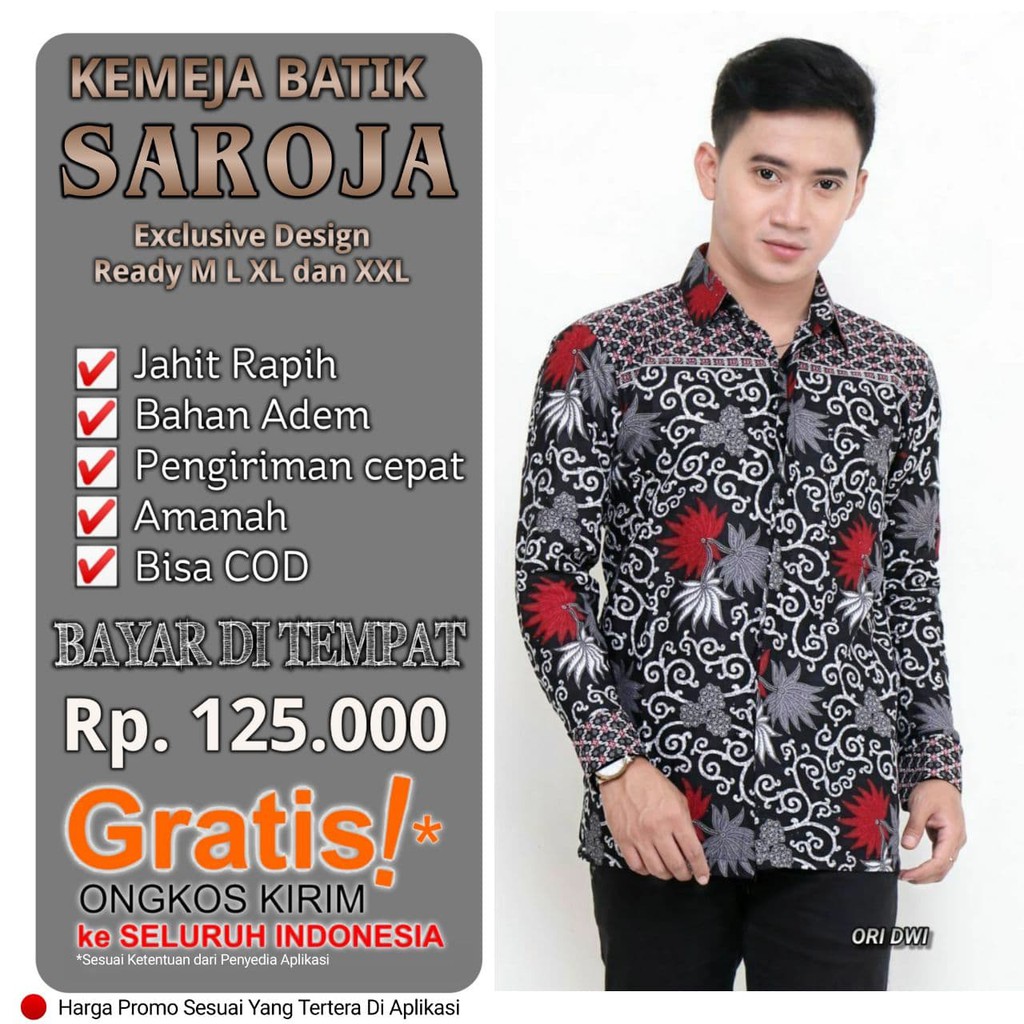 SAROJA BATIK Kemeja Lengan Panjang Kemeja Batik Seragam Kantor  Motif Kembang Langit
