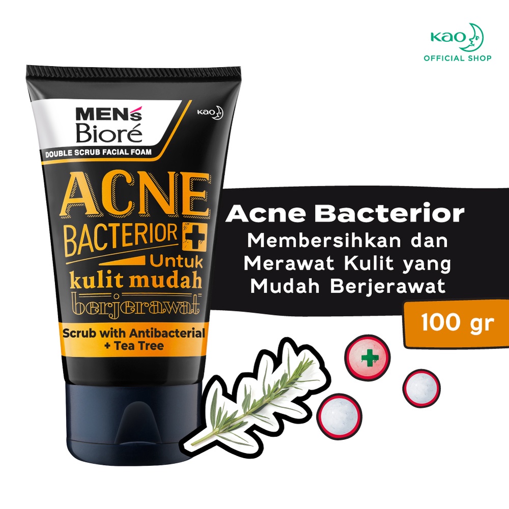 Men's Biore Double Scrub Facial Foam Acne-Bacterior Sabun Cuci Muka Pria 100g Dengan Scrub Halus Hindari Bakteri Penyebab Jerawat