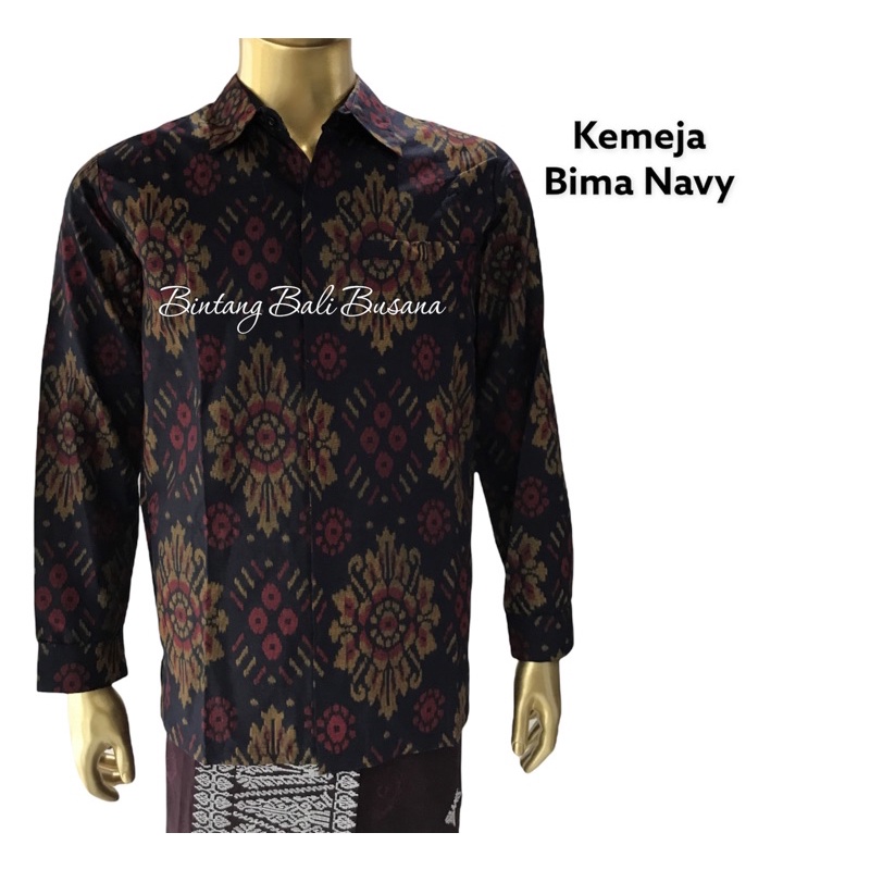 Kemeja Katun Endek Batik Bali Bima Navy Pria Lengan Panjang