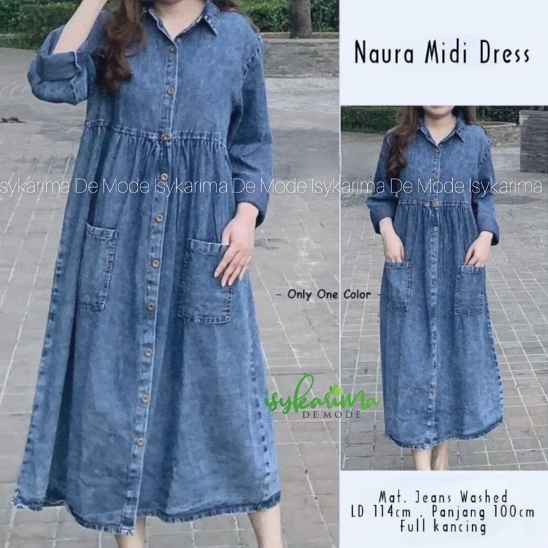 NAURA MIDI DRESS JEANS WASH LD 114CM PJ 100CM FULL KANCING AKTIF