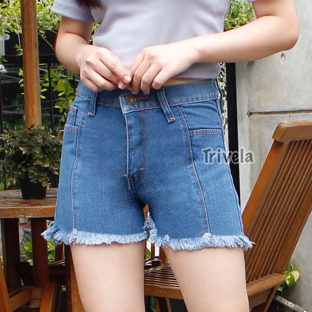 TRIVELA - Celana Pendek Rawis Tulang / Hotpants Front Line Jeans / Celana Pendek Jeans / Difio