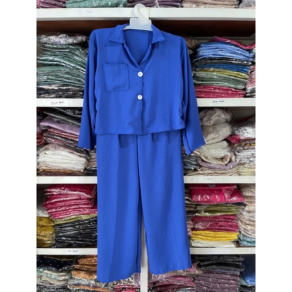 ONE SET CROP TOP BLEZER || KEMEJA CROP CRINGKLE || SET WANITA-BIRU ELECTRIK