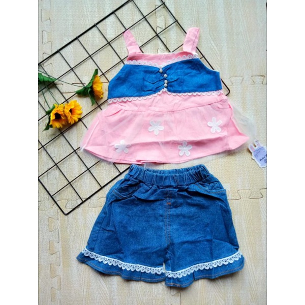 [0-4 TAHUN] BAJU SETELAN JEANS ANAK PEREMPUAN IMPORT 0-4 TAHUN HOTPANTS SETELAN BAYI DAN ANAK IMPORT PITA RENDA / SETELAN CELANA JEANS PENDEK ANAK CEWEK IMPORT / SETELAN HOTPANTS JEANS KAOS ANAK IMPORT 6bln 1th 2th 3th 4th