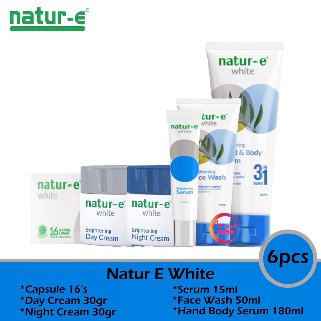 Paket Natur-E White Komplit 6 Pcs(Day Cream+Night Cream+Sabun Wajah+Serum+hand Body+Capsule 16's)