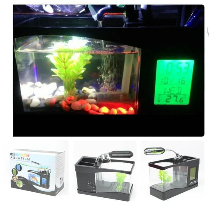 Aquarium Akuarium Mini dengan LED Jam Meja Desktop USB Temperature Alarm