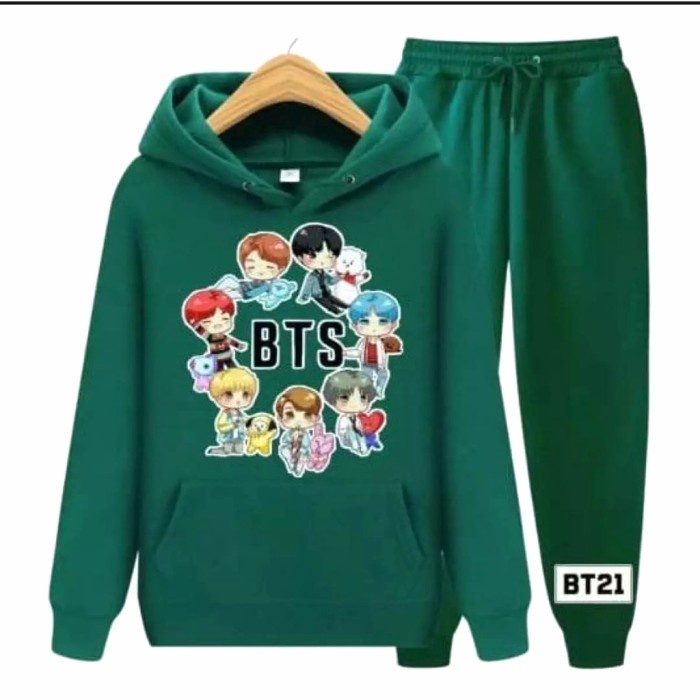 PROMO Setelan Sweater BTS Korea / SET Hoodie BTS Anak-Remaja - Hijau Army, S