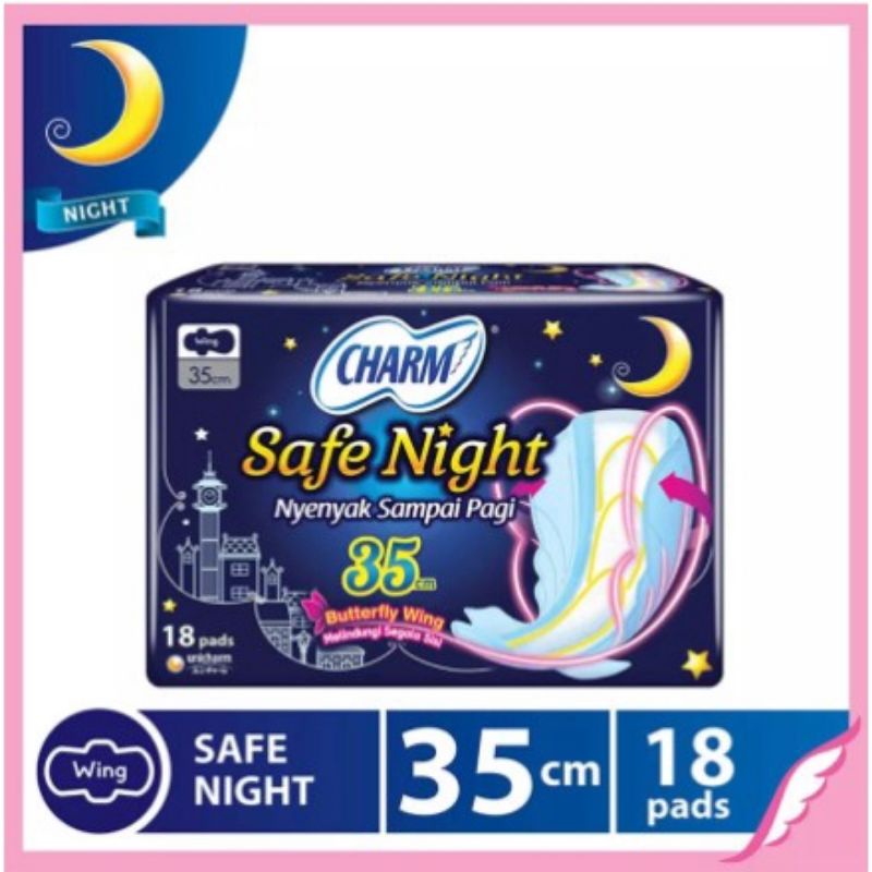 Pembalut charm safe night 35cm 18 pads butterfly wing