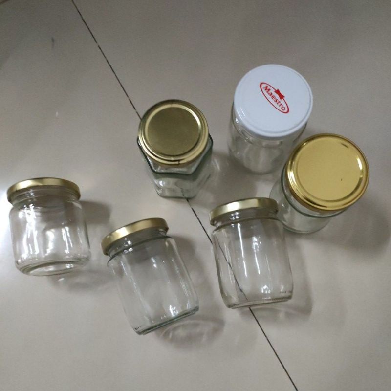 botol / toples kaca sedang bekas ( 50ml - 500ml), bulat / hexagonal, ada tutup kaleng / plastik