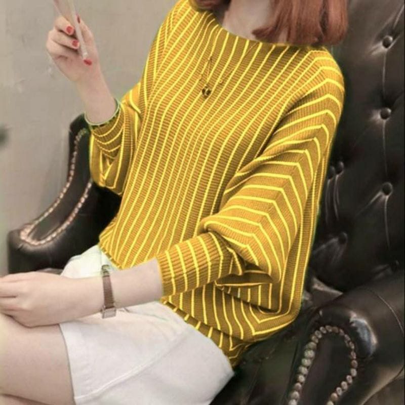 Lasperal Rajut Wanita Motif Salur Ukuran Jumbo BB 80 kg / Rajut Kalong Wanita / Rajut Korea Terlaris / Rajut Knit Murah / Atasan Rajut Wanita / Cardigan Rajut