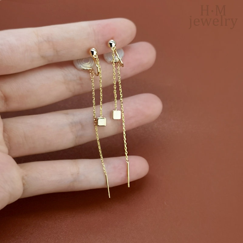 Anting Gantung Panjang Kait Motif Geometri Aksen Rumbai + Hollow Untuk Perhiasan Wanita