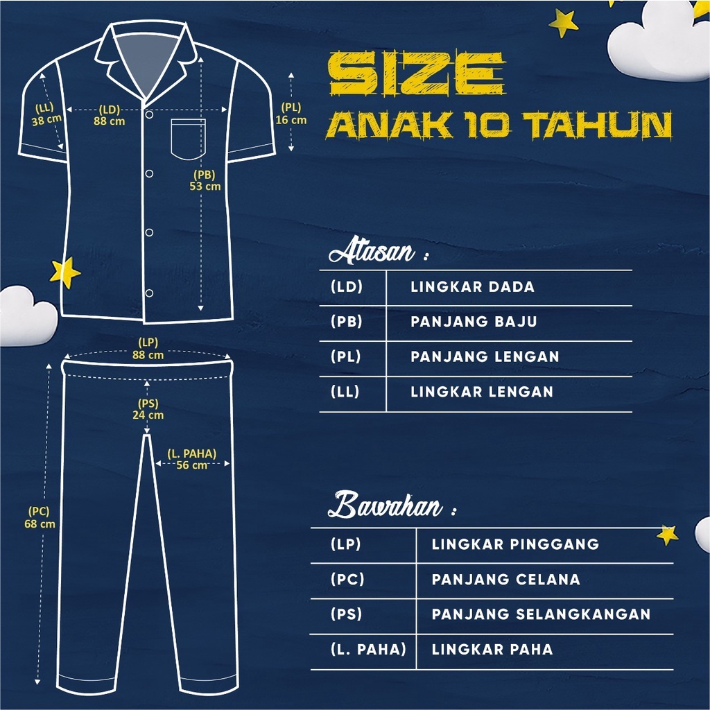 SS Piyama Cleopatra anak 10 tahun Celana Panjang Lengan Pendek unisex cewek cowok laki perempuan